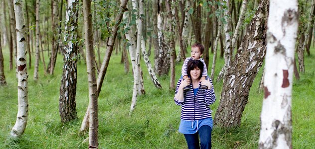 Mama spaceruje po lesie i trzyma synka na barana. W lesie są brzozy i trawa. Mama ma ciemne włosy niebieskie dżinsy i granatowo-białą bluzę w paski. Synek ma białą bluzkę w paski. 