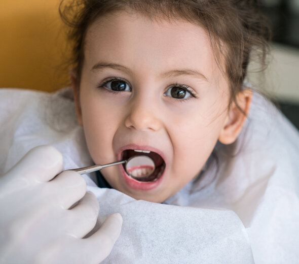 Kilkunastomiesięczna dziewczynka spędza czas w gabinecie stomatologicznym. Młoda dama siedzi na fotelu dentystycznym i szeroko otwiera usta aby pokazać swoje pierwsze mleczne zęby dentyście.